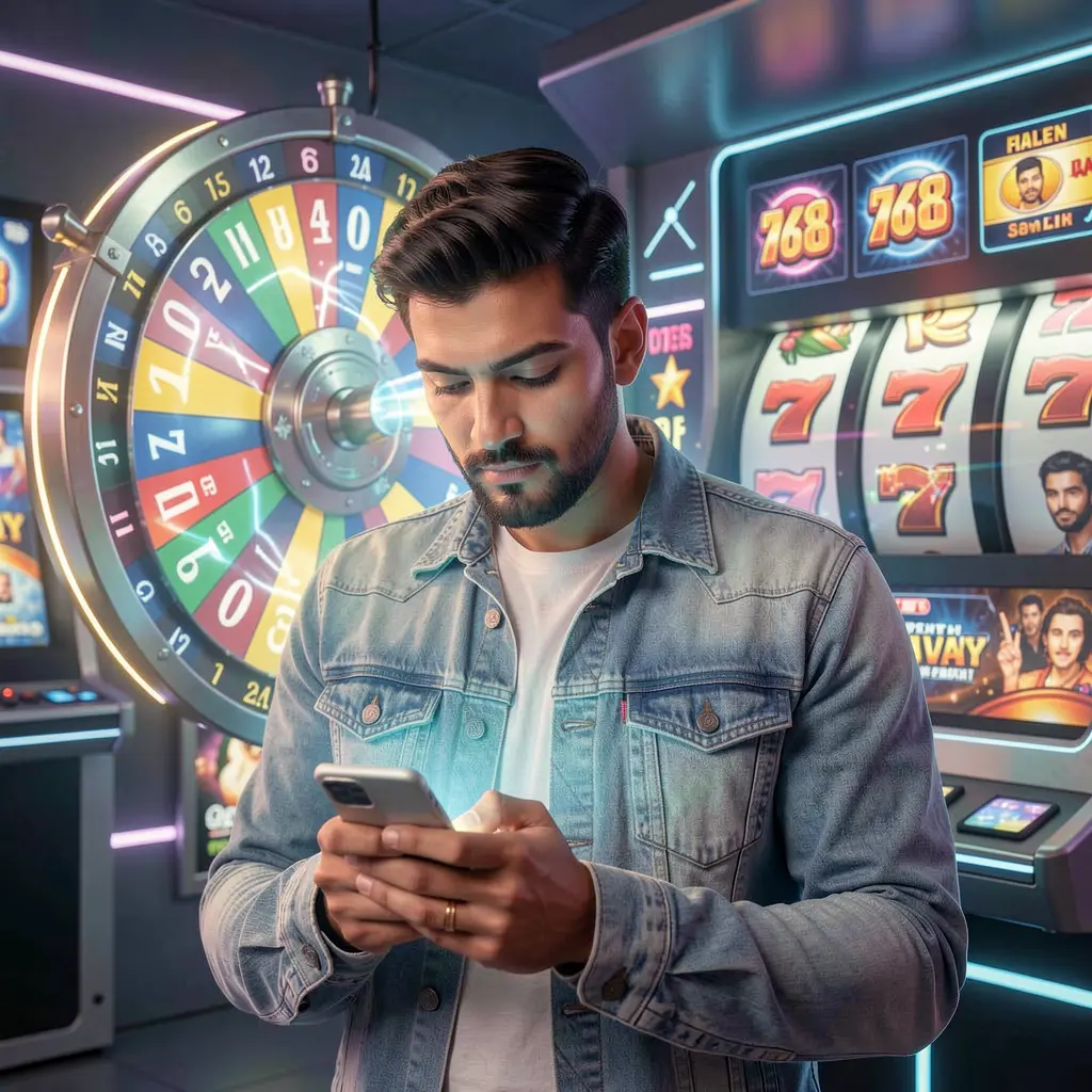 Confident Pakistani man using the EQ6888 casino app with a glowing roulette wheel and slot symbols behind him representing secure mobile gaming