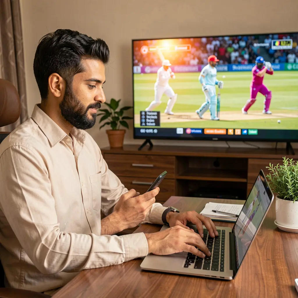 Focused Pakistani player using a laptop and smartphone to place live cricket bets with EQ6888 while watching a match on TV