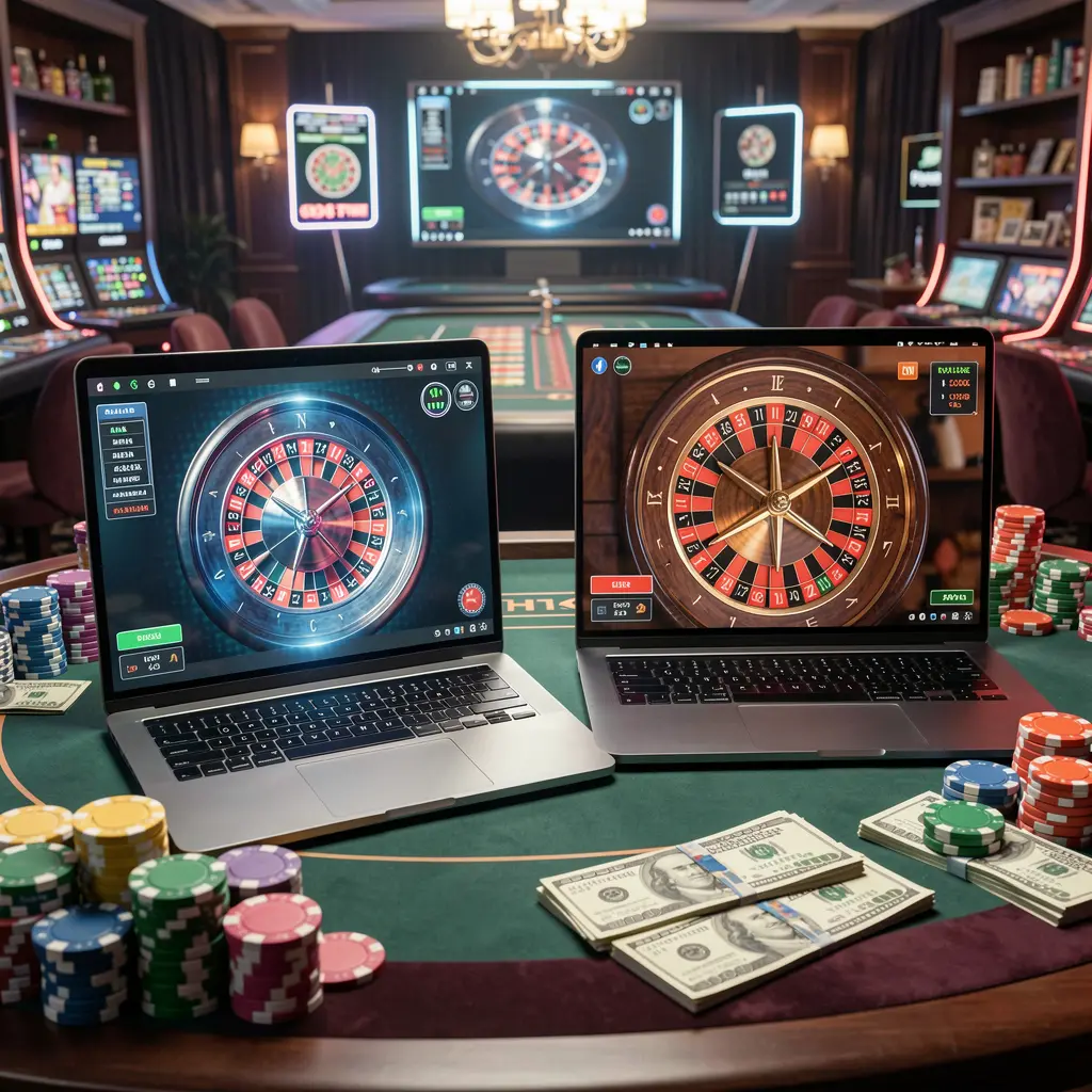 Modern online casino setup with a laptop and smartphone displaying live roulette surrounded by chips and cash illustrating immersive gaming on EQ6888 in Pakistan