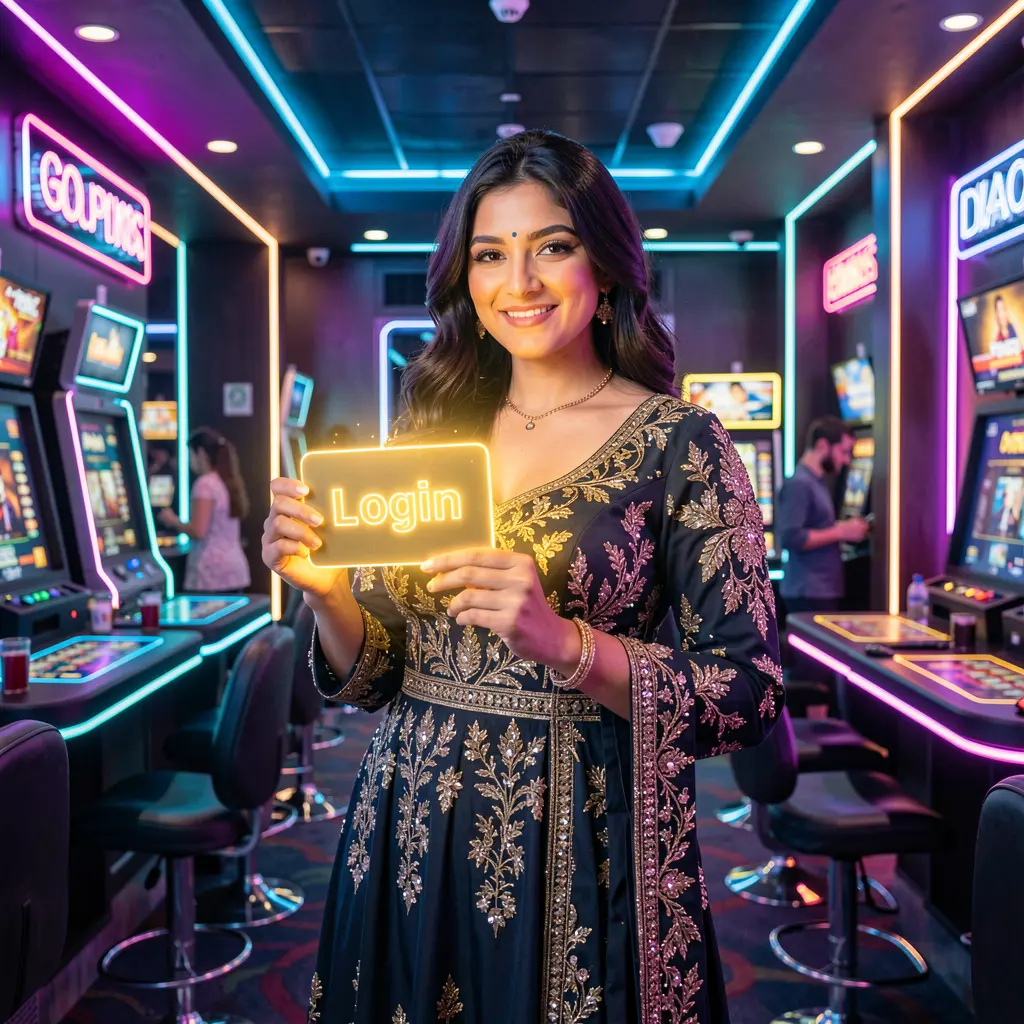 Stylish Pakistani woman standing in a futuristic casino scene holding a glowing login card representing secure access at EQ6888 Pakistan