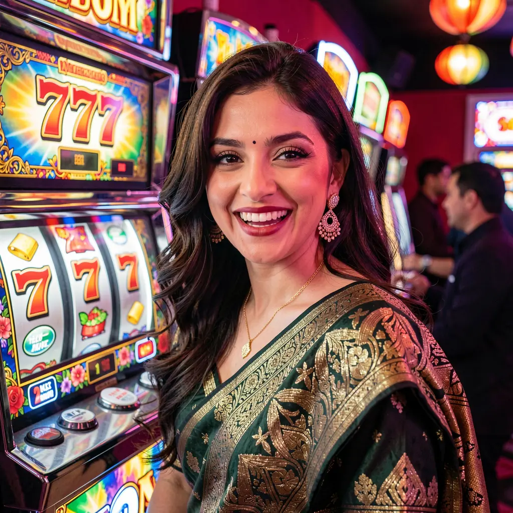 An elegant Pakistani woman smiling with excitement in a neon lit casino setting with glowing 777 slot symbols behind her representing premium slot gaming at EQ6888 in Pakistan